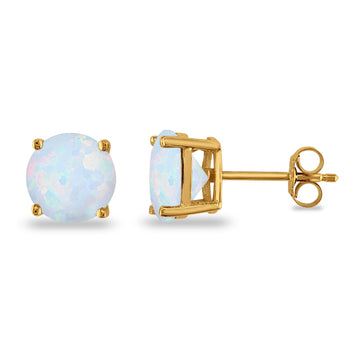 Butterfly Prong Round Casting Yellow Tone, Lab Created White Opal Stud Earrings 925 Sterling Silver